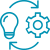 Blue icon of an lightbulb and gear representing enrollment, ideas, and processes